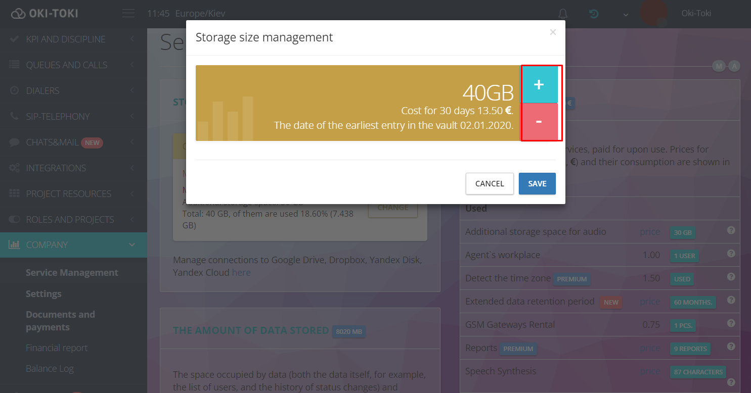 Managing storage size