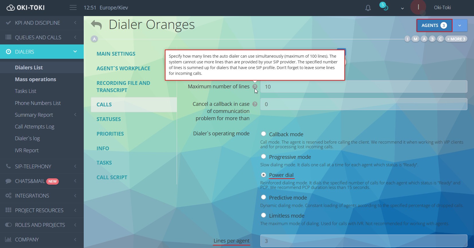 Dialer setting in Oki-toki