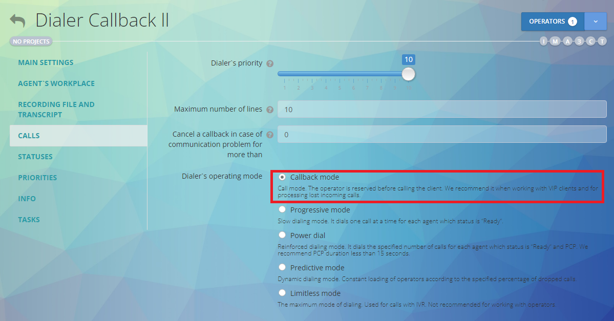 Callback mode selection