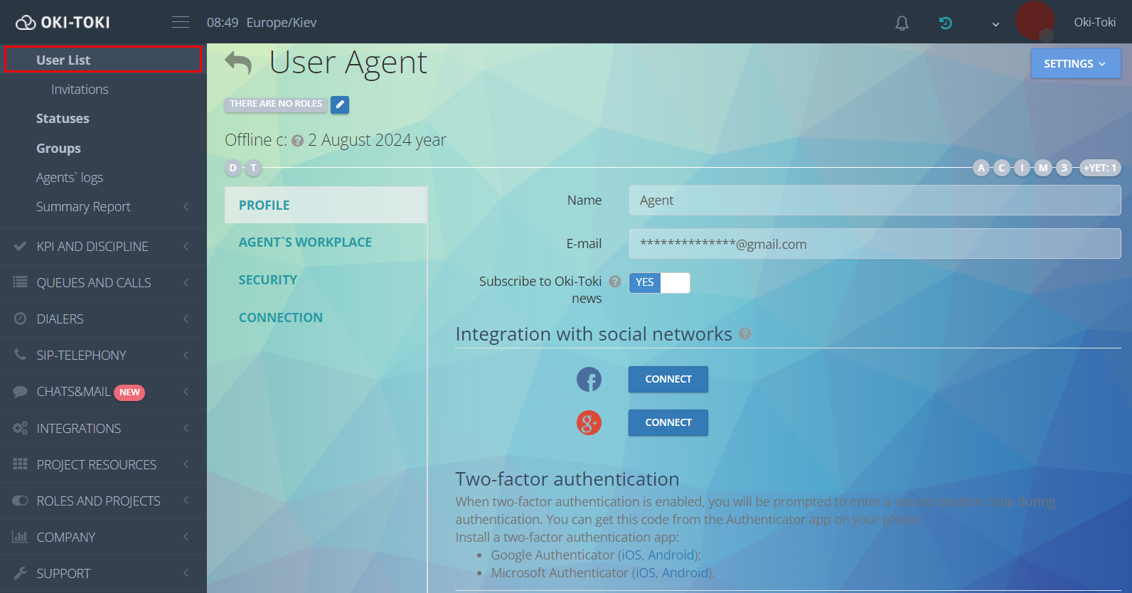 Creating a user in Oki-Toki