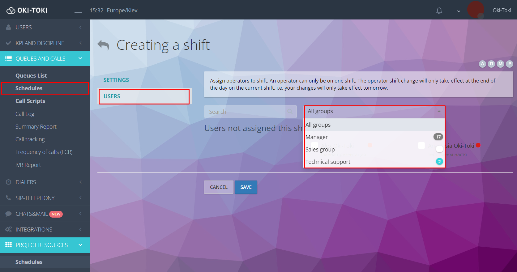 Selecting a shift for a user group